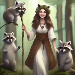 A high-quality digital art image depicting a joyful human female druid with brown hair and white skin, interacting with playful raccoons