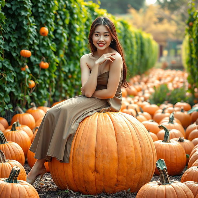 A beautiful and elegant Korean woman sitting gracefully atop a large pumpkin, facing the camera with a soft and adorable smile