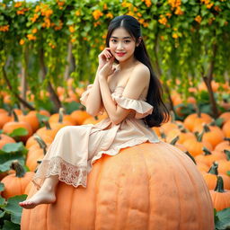 A beautiful and elegant Korean woman sitting gracefully atop a large pumpkin, facing the camera with a soft and adorable smile