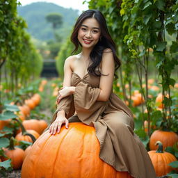 A beautiful and elegant Korean woman sitting gracefully atop a large pumpkin, facing the camera with a soft and adorable smile