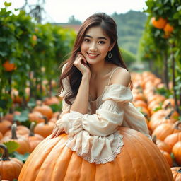 A beautiful and elegant Korean woman sitting gracefully atop a large pumpkin, facing the camera with a soft and adorable smile
