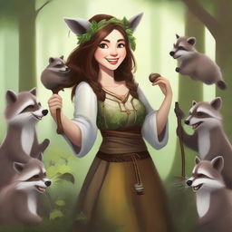 A high-quality digital art image showing a happy human female druid with brown hair and white skin, delightfully interacting with a group of playful raccoons