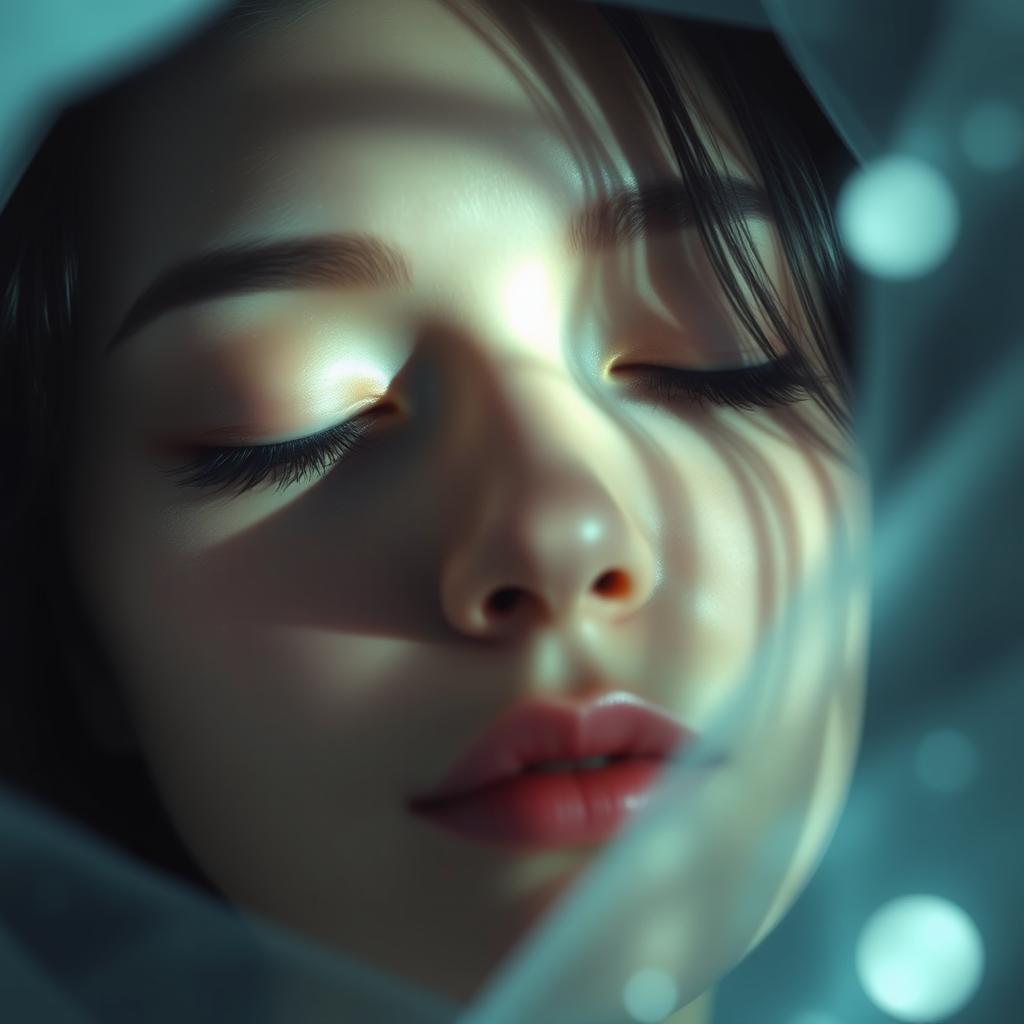A mysterious and captivating scene featuring a close-up of a person with their eyes closed, surrounded by a soft, ethereal glow
