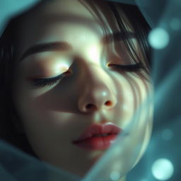 A mysterious and captivating scene featuring a close-up of a person with their eyes closed, surrounded by a soft, ethereal glow