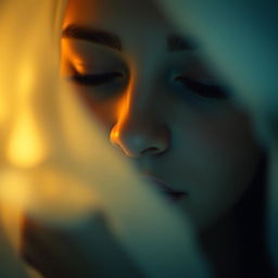 A mysterious and captivating scene featuring a close-up of a person with their eyes closed, surrounded by a soft, ethereal glow