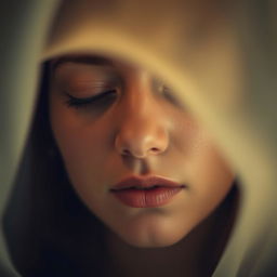 A mysterious and captivating scene featuring a close-up of a person with their eyes closed, surrounded by a soft, ethereal glow