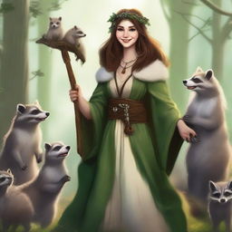 A high-quality digital art image showing a happy human female druid with brown hair and white skin, delightfully interacting with a group of playful raccoons