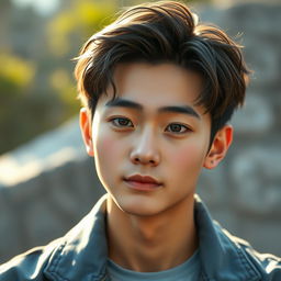 A hyper-realistic portrait of Huening Kai from TXT, featuring intricate detail in his facial features and expression