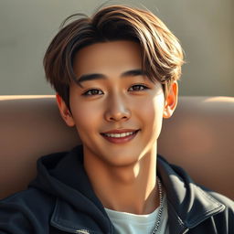 A hyper-realistic portrait of Huening Kai from TXT, featuring intricate detail in his facial features and expression