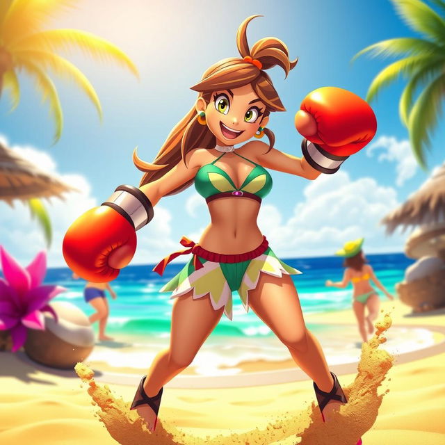 A vibrant scene of a character inspired by Shantae, wearing a stylish bikini while engaged in a spirited beach boxing match