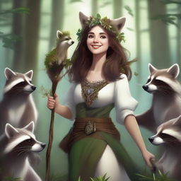 A high-quality digital art image showing a happy human female druid with brown hair and white skin, delightfully interacting with a group of playful raccoons