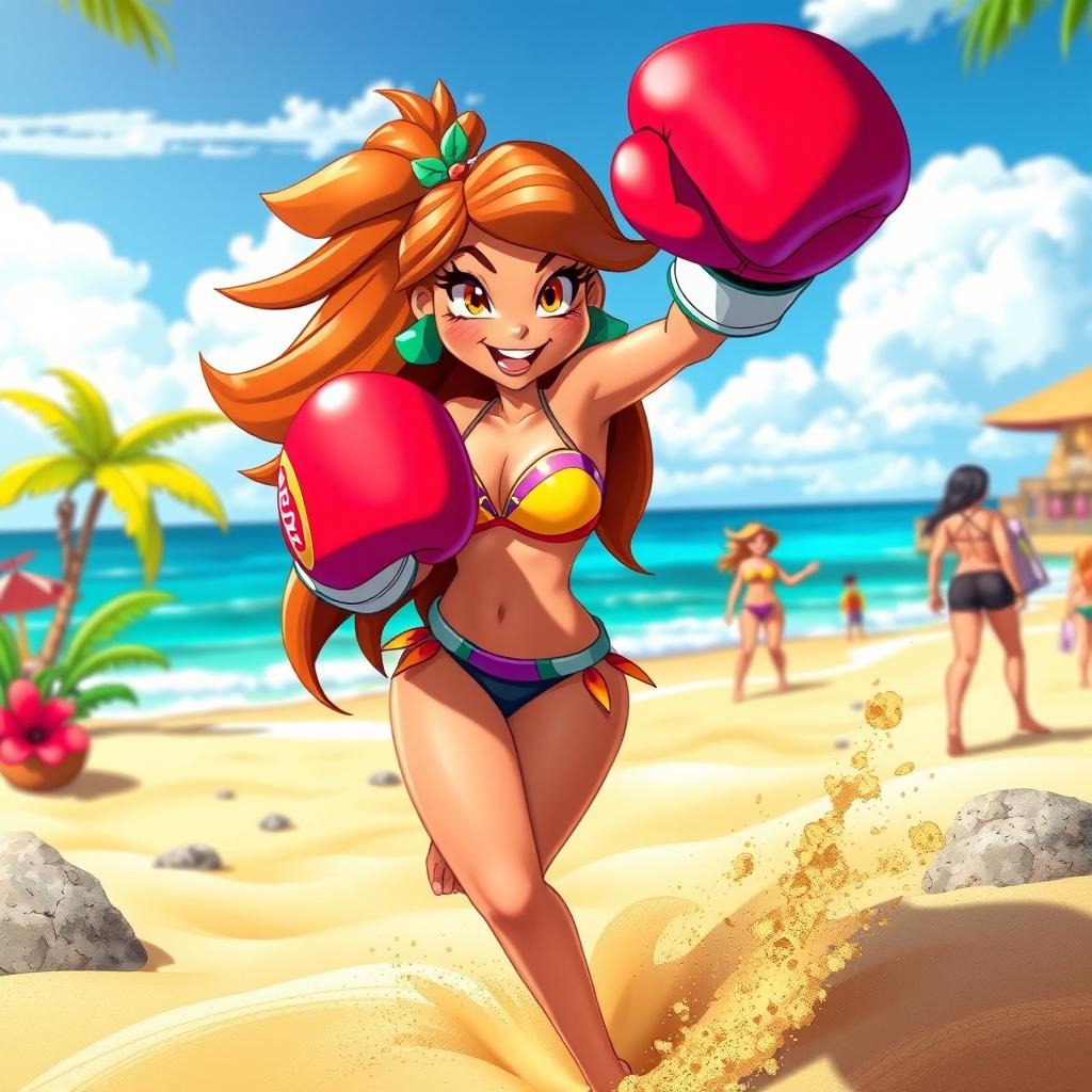 A vibrant scene of a character inspired by Shantae, wearing a stylish bikini while engaged in a spirited beach boxing match