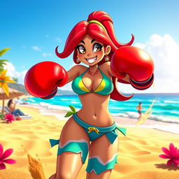 A vibrant scene of a character inspired by Shantae, wearing a stylish bikini while engaged in a spirited beach boxing match