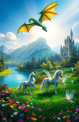A vibrant scene depicting a lush, enchanted landscape filled with mythical beasts