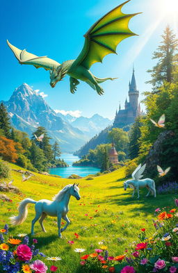 A vibrant scene depicting a lush, enchanted landscape filled with mythical beasts