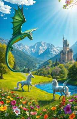A vibrant scene depicting a lush, enchanted landscape filled with mythical beasts