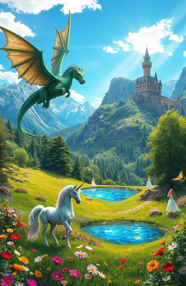 A vibrant scene depicting a lush, enchanted landscape filled with mythical beasts