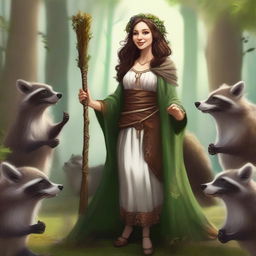 A high-quality digital art image showing a happy human female druid with brown hair and white skin, delightfully interacting with a group of playful raccoons