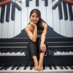 A beautiful Korean woman posing gracefully and attractively, sitting on large piano steps, facing the camera with a soft smile
