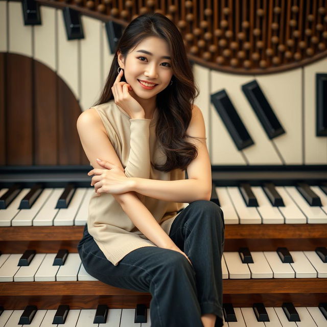 A beautiful Korean woman posing gracefully and attractively, sitting on large piano steps, facing the camera with a soft smile