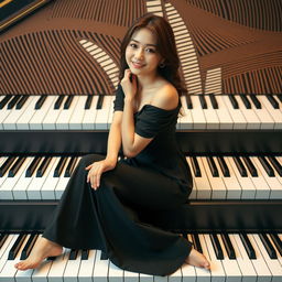 A beautiful Korean woman posing gracefully and attractively, sitting on large piano steps, facing the camera with a soft smile