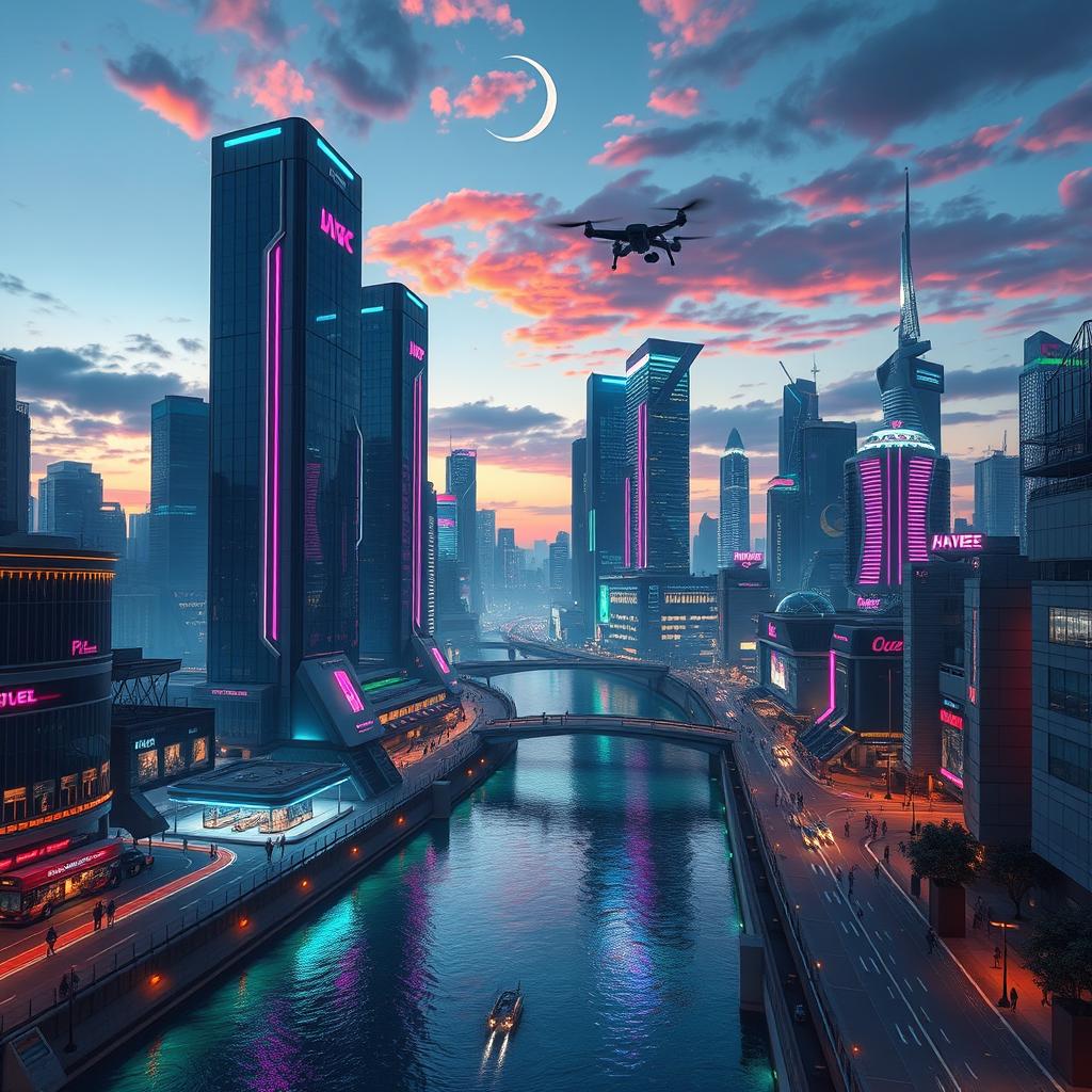 A futuristic cityscape at dusk, with towering skyscrapers made of glass and steel, each adorned with vibrant neon lights in shades of blue, pink, and green