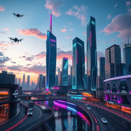 A futuristic cityscape at dusk, with towering skyscrapers made of glass and steel, each adorned with vibrant neon lights in shades of blue, pink, and green