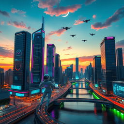 A futuristic cityscape at dusk, with towering skyscrapers made of glass and steel, each adorned with vibrant neon lights in shades of blue, pink, and green