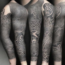 A high-quality, black and white image of intricate tattoos