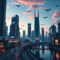 A futuristic cityscape at dusk, with towering skyscrapers made of glass and steel, each adorned with vibrant neon lights in shades of blue, pink, and green