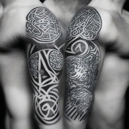 A high-quality, black and white image of intricate tattoos