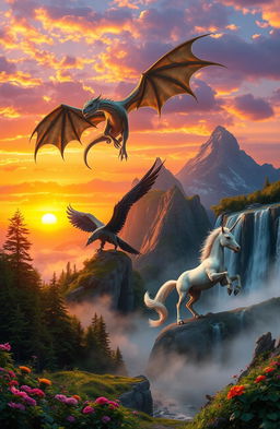 A breathtaking landscape featuring legendary beasts, including a majestic dragon soaring high above a mountain range, a wise griffin perched on a rocky outcrop, and a powerful unicorn standing gracefully near a shimmering waterfall