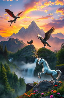 A breathtaking landscape featuring legendary beasts, including a majestic dragon soaring high above a mountain range, a wise griffin perched on a rocky outcrop, and a powerful unicorn standing gracefully near a shimmering waterfall