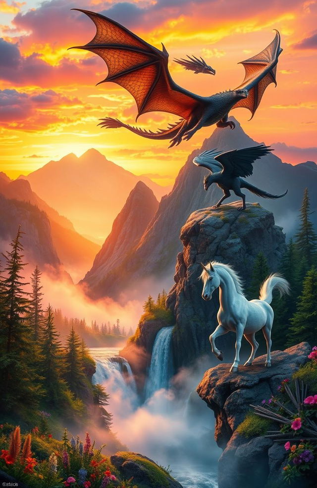 A breathtaking landscape featuring legendary beasts, including a majestic dragon soaring high above a mountain range, a wise griffin perched on a rocky outcrop, and a powerful unicorn standing gracefully near a shimmering waterfall