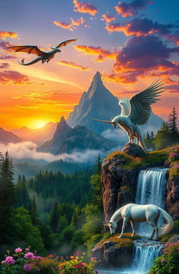 A breathtaking landscape featuring legendary beasts, including a majestic dragon soaring high above a mountain range, a wise griffin perched on a rocky outcrop, and a powerful unicorn standing gracefully near a shimmering waterfall