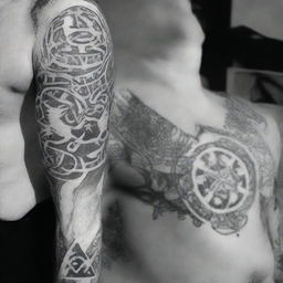 A high-quality, black and white image of intricate tattoos