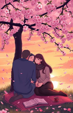 A serene and thoughtful scene depicting the concept of love and friendship, with two close friends sitting together under a blooming cherry blossom tree