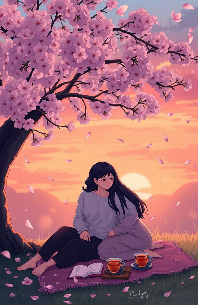 A serene and thoughtful scene depicting the concept of love and friendship, with two close friends sitting together under a blooming cherry blossom tree