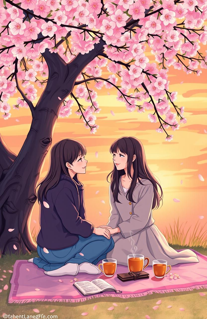 A serene and thoughtful scene depicting the concept of love and friendship, with two close friends sitting together under a blooming cherry blossom tree