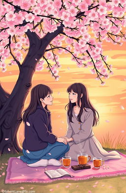 A serene and thoughtful scene depicting the concept of love and friendship, with two close friends sitting together under a blooming cherry blossom tree