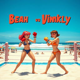 An intense beach boxing match between Daphne Blake and Velma Dinkley, both wearing stylish bikinis tailored for a competitive atmosphere