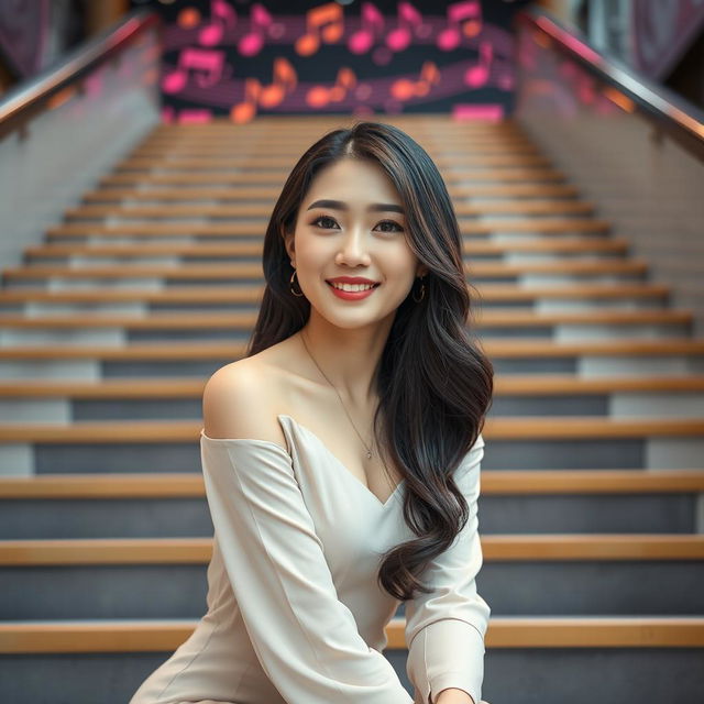 A beautiful Korean woman gracefully poses attractively while sitting on a large musical staircase, facing the camera with a soft smile