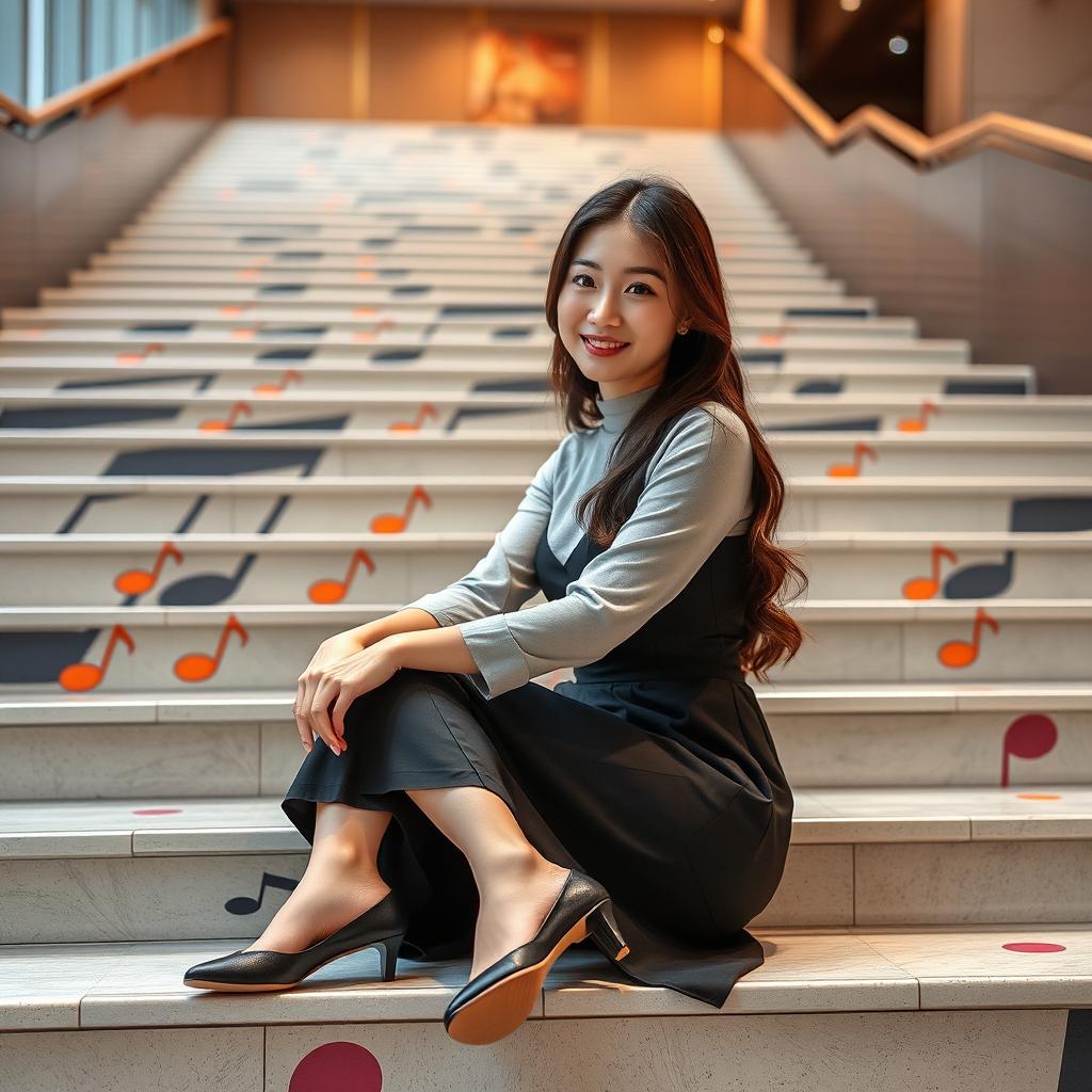 A beautiful Korean woman gracefully poses attractively while sitting on a large musical staircase, facing the camera with a soft smile