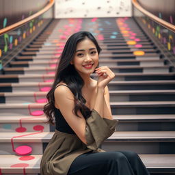 A beautiful Korean woman gracefully poses attractively while sitting on a large musical staircase, facing the camera with a soft smile