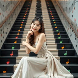 A beautiful Korean woman gracefully poses attractively while sitting on a large musical staircase, facing the camera with a soft smile