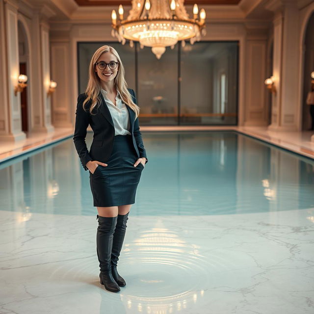 A cheerful young blonde business lady wearing glasses, elegantly dressed in a short pencil skirt and a blouse, stands confidently in a waist-deep pool filled with still clear water