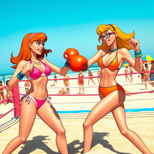 A dynamic and action-packed scene featuring Daphne Blake and Velma Dinkley, both iconic characters from the Scooby-Doo franchise, engaged in an intense beach bikini boxing match