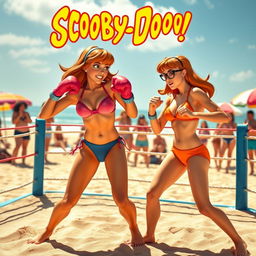 A dynamic and action-packed scene featuring Daphne Blake and Velma Dinkley, both iconic characters from the Scooby-Doo franchise, engaged in an intense beach bikini boxing match