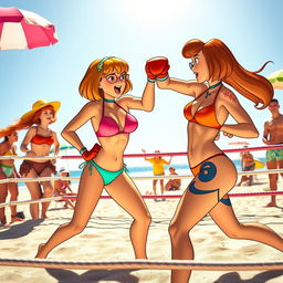 A dynamic and action-packed scene featuring Daphne Blake and Velma Dinkley, both iconic characters from the Scooby-Doo franchise, engaged in an intense beach bikini boxing match