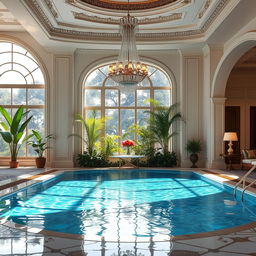 A luxurious pool scene filled with still clear water, surrounded by opulent marble flooring